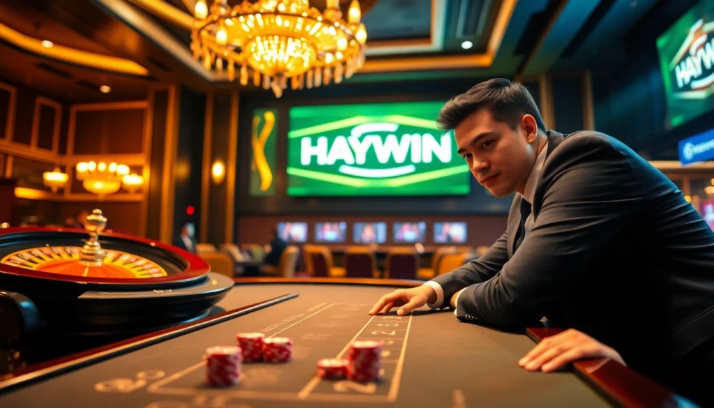 HAYWIN casino scene with poker table and roulette wheel, showcasing an engaging gambling atmosphere.