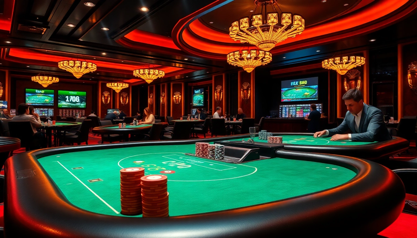Players experience intense poker action at 99ok, surrounded by luxurious casino elements and vibrant atmosphere.