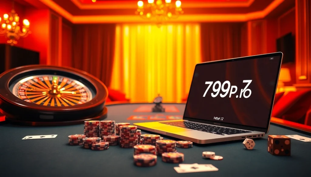Experience the excitement of online gambling at https://789p7.io/, featuring luxurious casino tables, vibrant poker chips, and a roulette wheel.