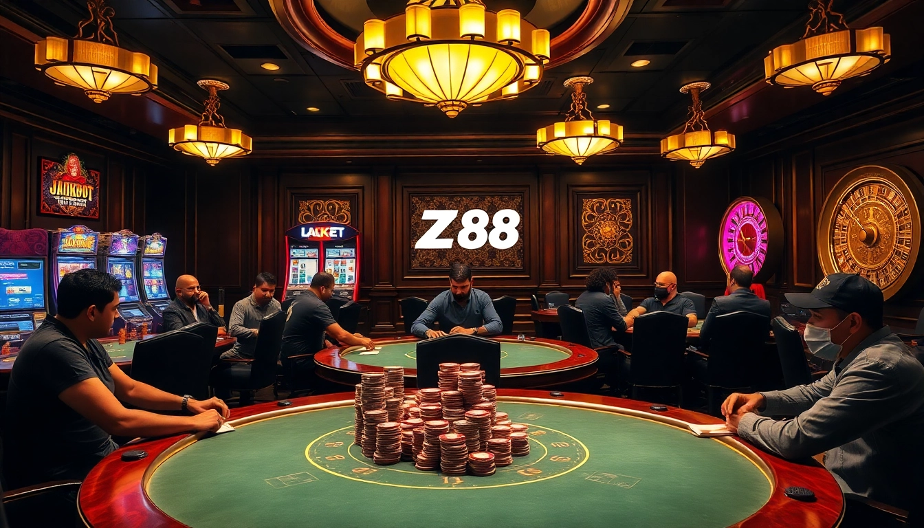 High-stakes poker game at ZK88 casino with vibrant chips and engaging atmosphere.