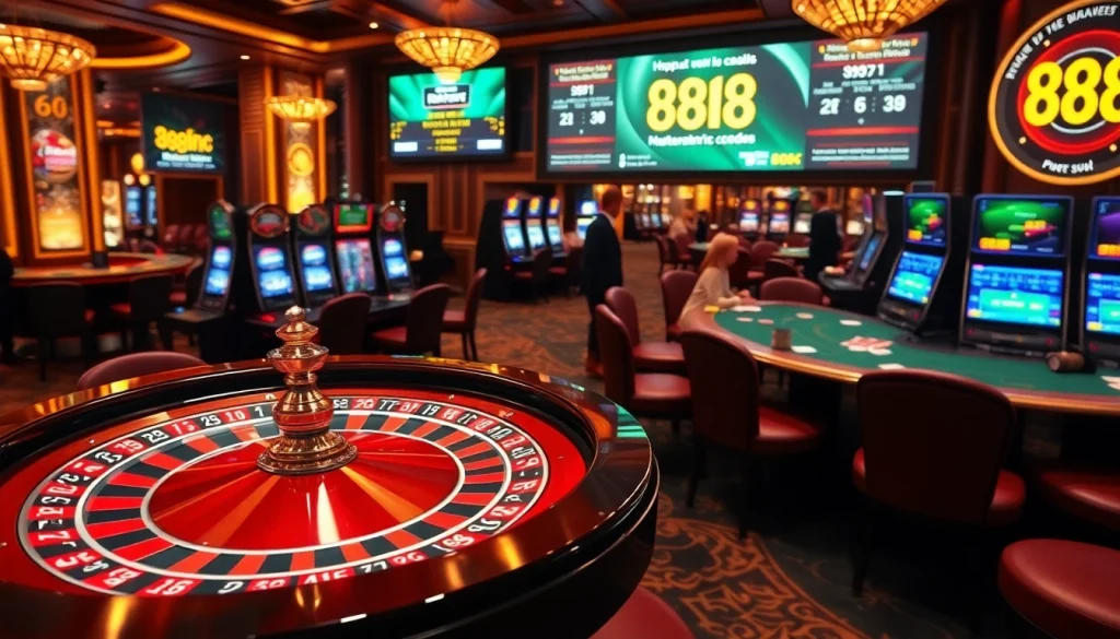 Experience the excitement of gambling at https://888vi.codes/ with a vibrant casino scene showcasing roulette and poker tables.