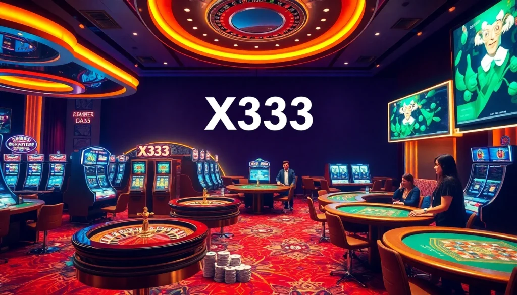 X333 players enjoying a thrilling casino experience with vibrant slot machines and poker tables.