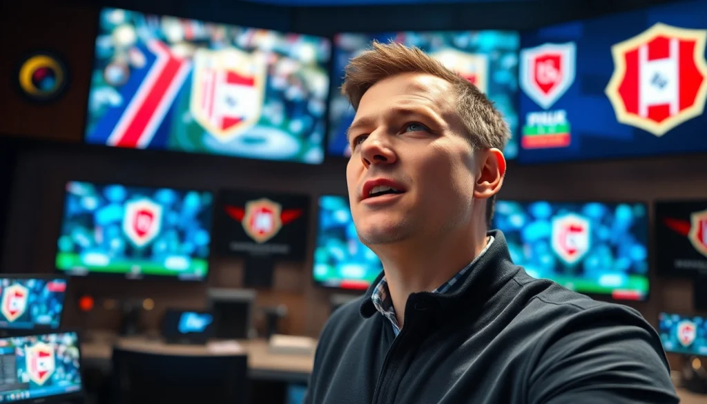 Engaging sports broadcasting scene depicting a commentator delivering live sports updates.