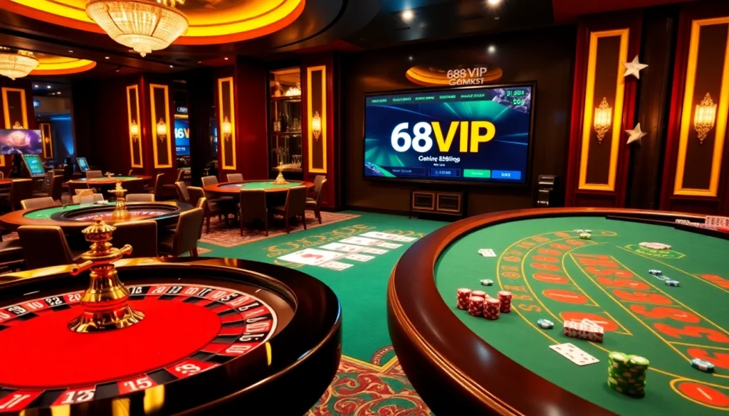 Experience the excitement of 68VIP casino gaming with vibrant poker chips and stylish tables.