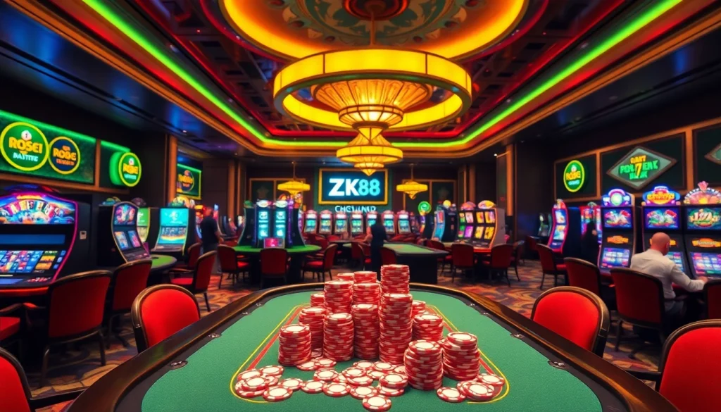 ZK88 showcases vibrant slot machines and poker tables in a luxury casino setting.