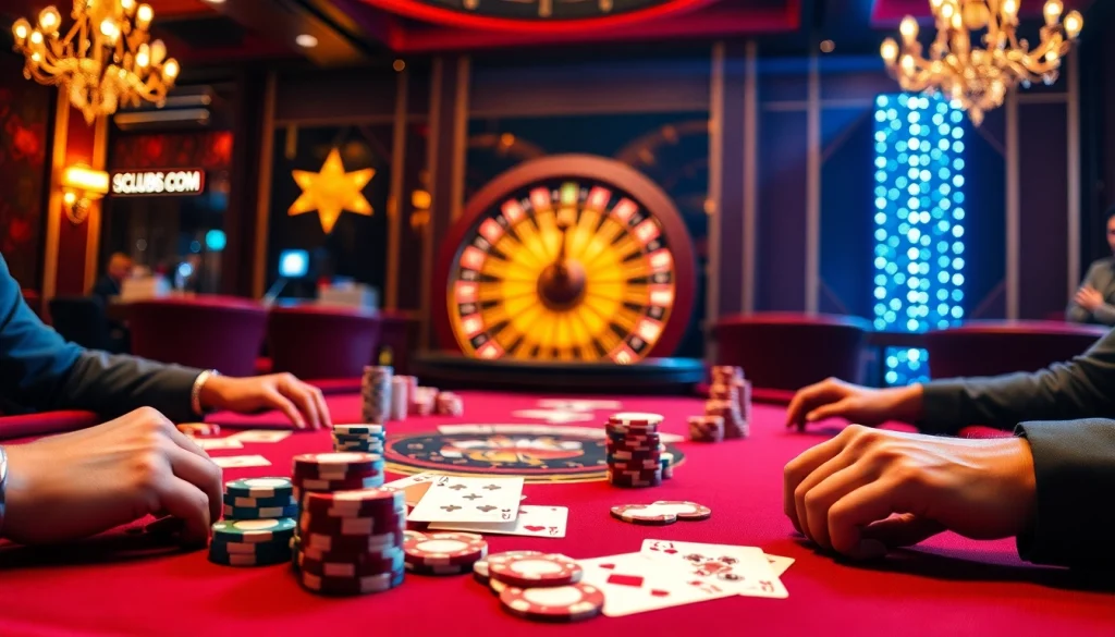 Engaging in thrilling gameplay at SCLUB88 COM casino with poker chips and cards on display.