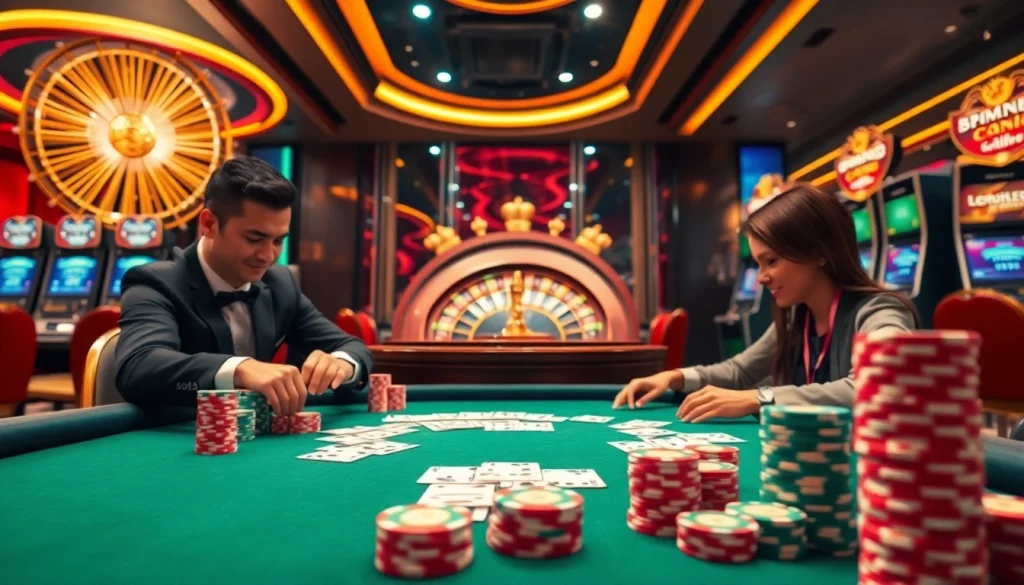 BEM88 players enjoying an exciting game at a luxurious casino table with vibrant chips and cards.