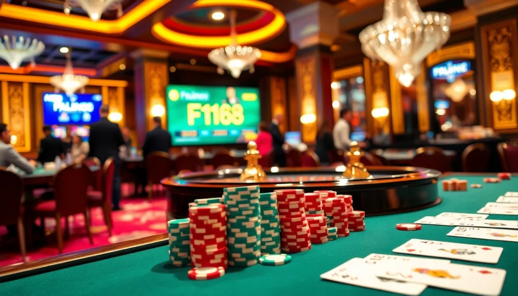 Experience the excitement of F168 đăng nhập at a vibrant casino with poker tables and dazzling lights.
