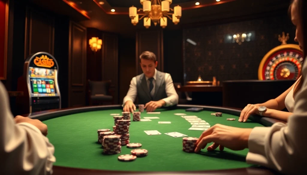 Engaging poker game action at a luxurious table featuring elements from https://nohu90a.uk.com/.