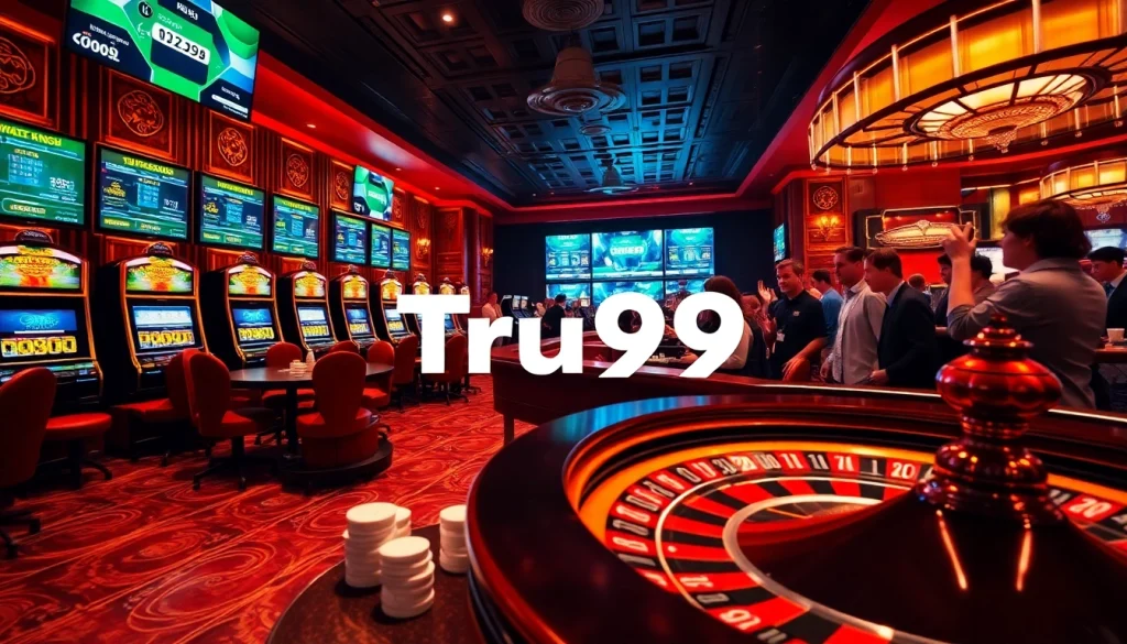 ผู้เล่น Tru99 เพลิดเพลินกับบรรยากาศคาสิโนที่มีสีสัน พร้อมโต๊ะโป๊กเกอร์และเครื่องสล็อต