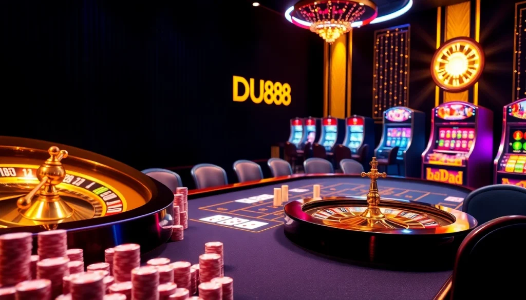 Experience the thrill of winning at DU88 with luxurious casino elements like poker chips and slot machines.