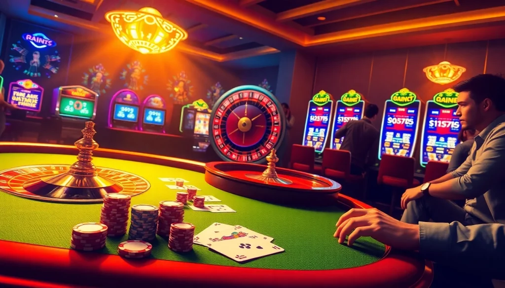 Players enjoying the thrilling gaming experience at qq888.co.com with vibrant poker chips and roulette.
