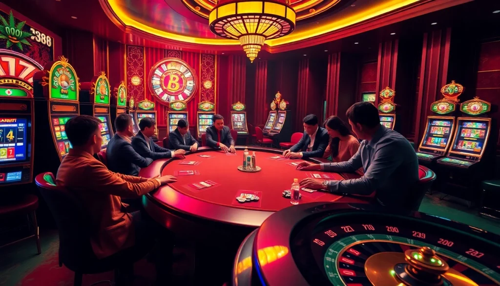 Bangsawan88 players strategizing in an exciting casino environment with poker chips and slot machines.