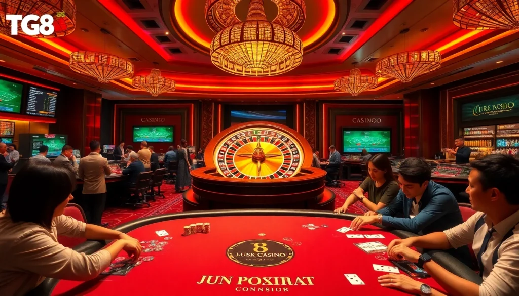 Engage with Nhà cái TG88's luxurious casino atmosphere featuring a roulette wheel and poker table.
