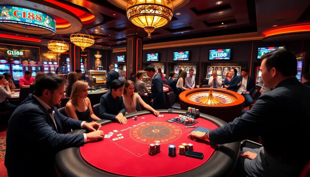 Players experiencing thrilling gaming at C168's luxurious casino tables.