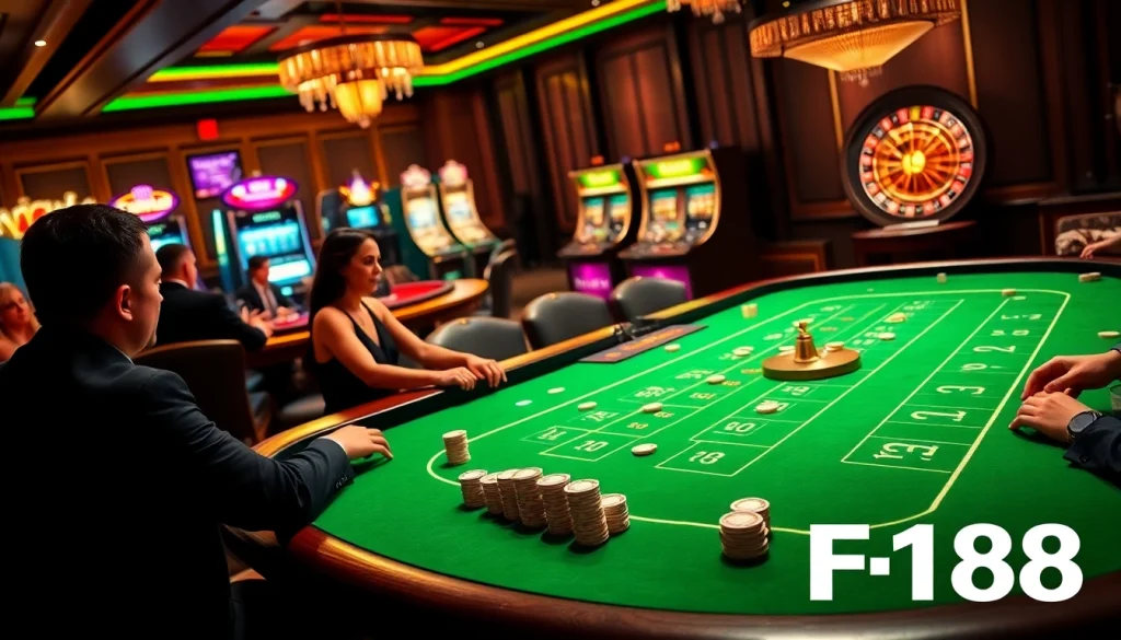 Experience the thrill of F168 gaming with an exciting casino scene featuring poker chips and a roulette wheel.