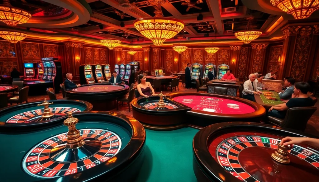 Exciting gambling scene showcasing poker and roulette at https://sky88sa.com/ with vibrant colors and professional atmosphere.
