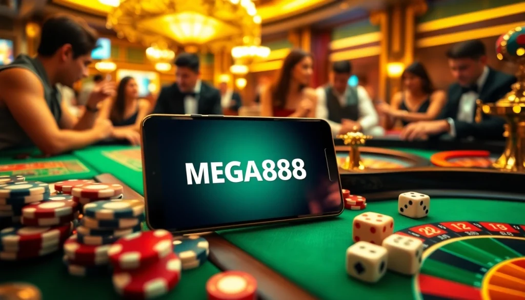 Experience the thrill of MEGA888 APK gaming with vibrant casino elements like dice and poker chips.