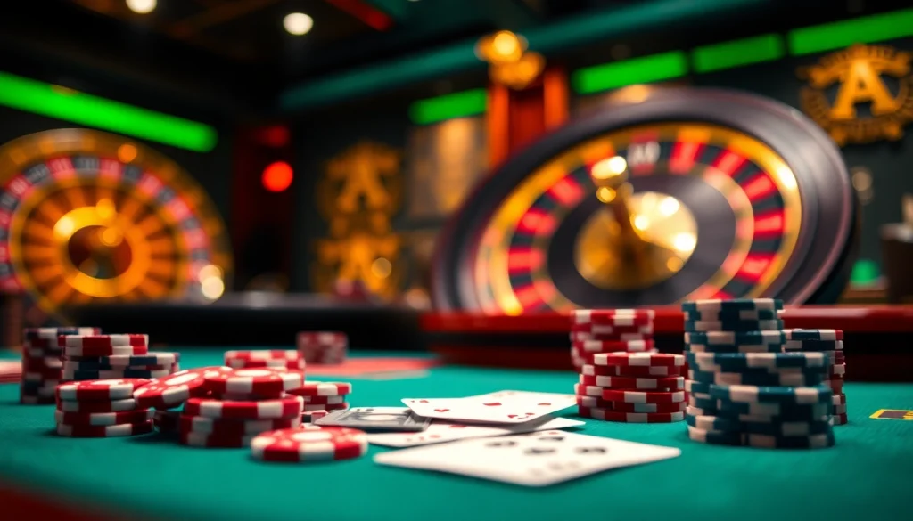 Experience the thrill of casino gaming at ev88h.us.com with poker chips and a vibrant roulette wheel.