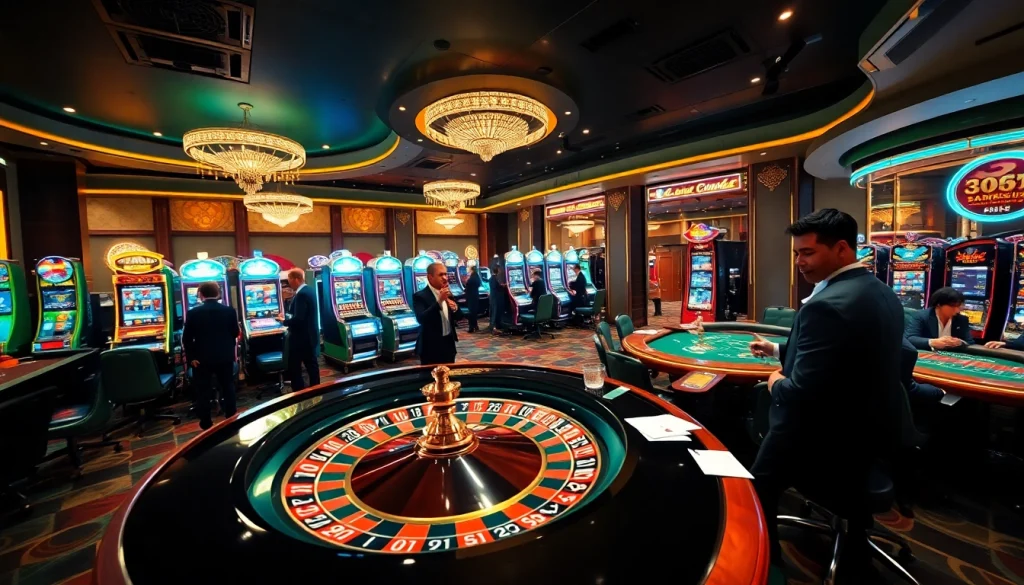 Experience thrilling gameplay at KK55 bet featuring luxurious casino tables and vibrant slot machines.