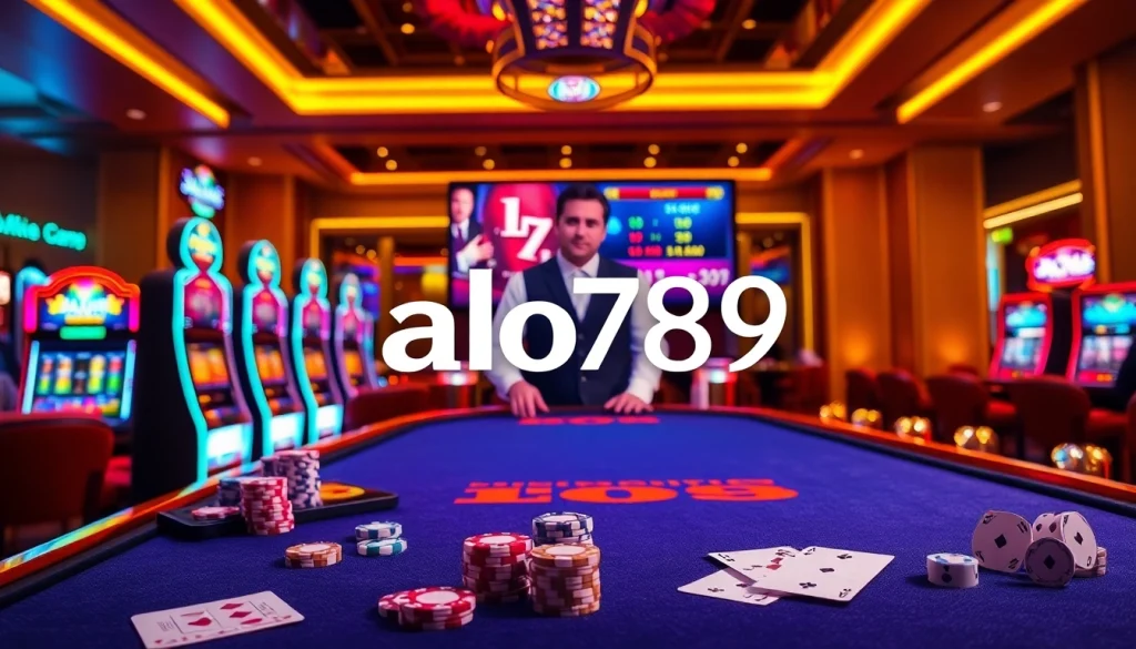 Alo789 casino table scene with vibrant colors, engaging players, and interactive gaming elements.