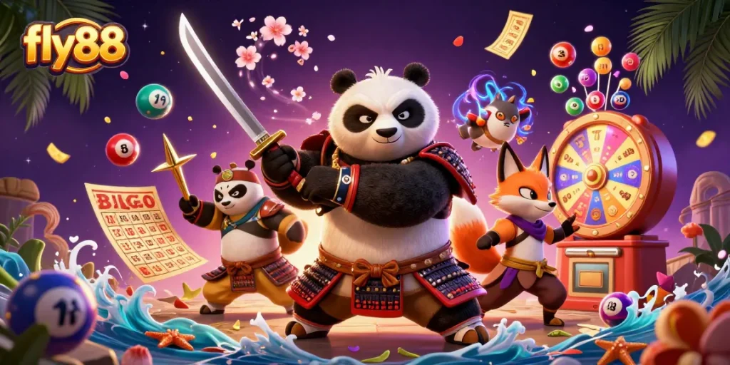 Fly88 casino scene featuring samurai panda and ninja fox surrounded by colorful lottery elements.