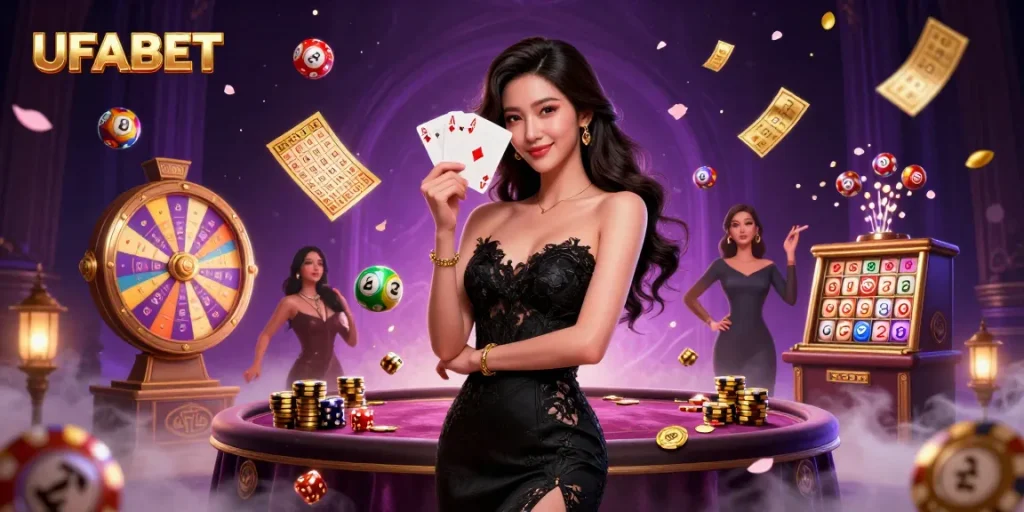 Win big at UFABET with an elegant dealer showcasing casino games in a vibrant atmosphere.