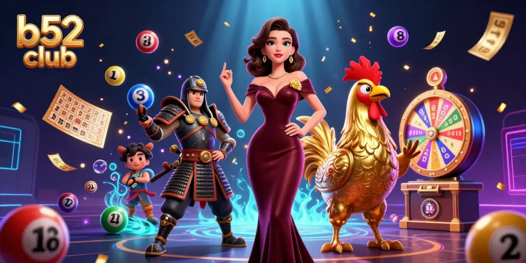 Engage in thrilling gameplay with B52 club amidst colorful lottery elements and casino excitement.