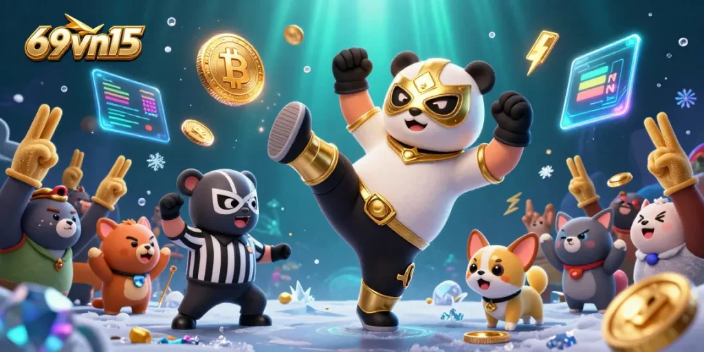 Engage with thrilling 69vn15 casino action featuring animated animals and crypto elements.