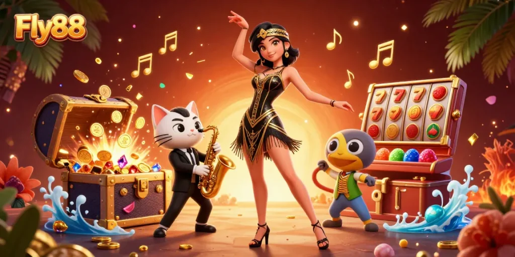 Engage with Fly88's exhilarating slots experience featuring vibrant game elements and a festive atmosphere.