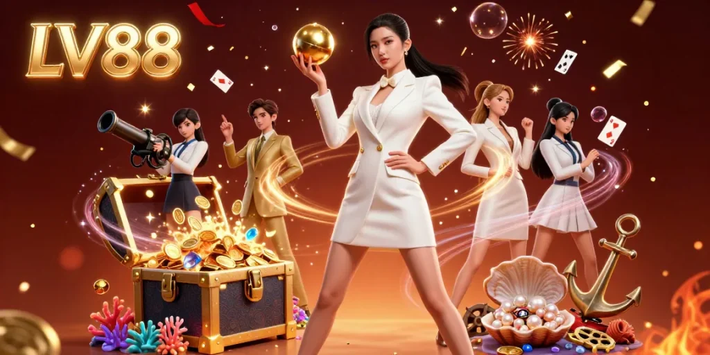 Experience the excitement of LV88 with a stunning casino-themed digital illustration, showcasing games and glamour.