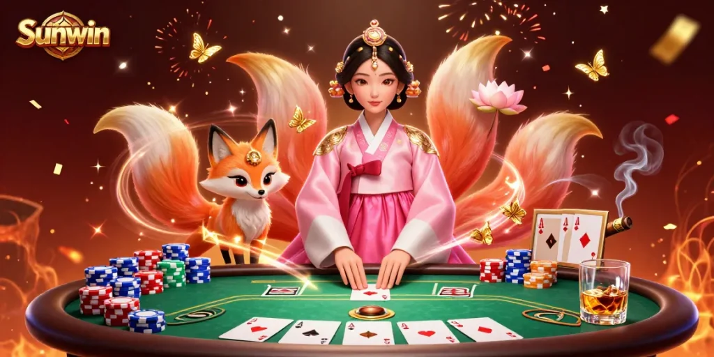 Experience the excitement of Sunwin with lucky theme characters surrounded by poker game elements.