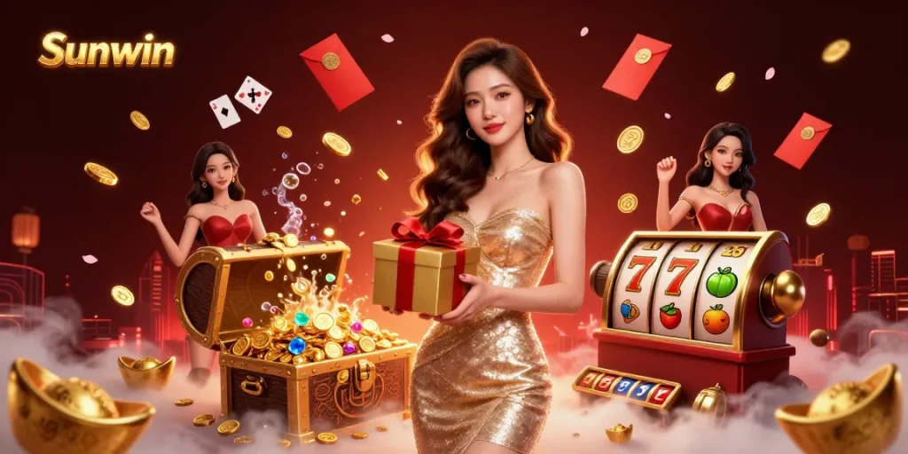 Experience the thrill of Sunwin with a festive casino illustration featuring golden coins and joyous celebrations.