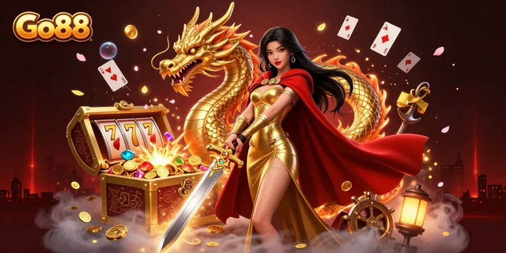Experience the excitement of Go88 with dynamic gaming elements and a captivating warrior queen.