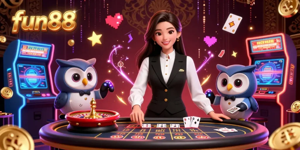 Experience fun88's vibrant online casino world with a charming Asian dealer and casino elements.