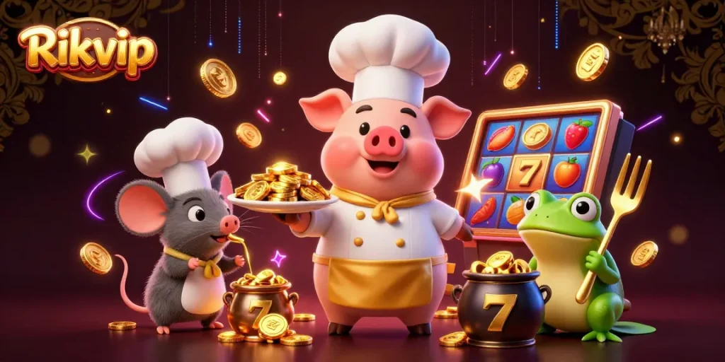 Spin for riches at Rikvip with a vibrant 3D illustration of a chef pig serving gold coins.