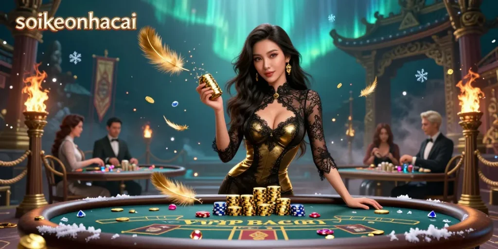 Sparking excitement in soikeonhacai's high-stakes baccarat game with golden casino chips and luxurious players.