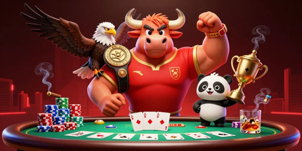 Experience thrilling gameplay at Go88 with a winning bull, eagle, and panda in an exciting casino scene.