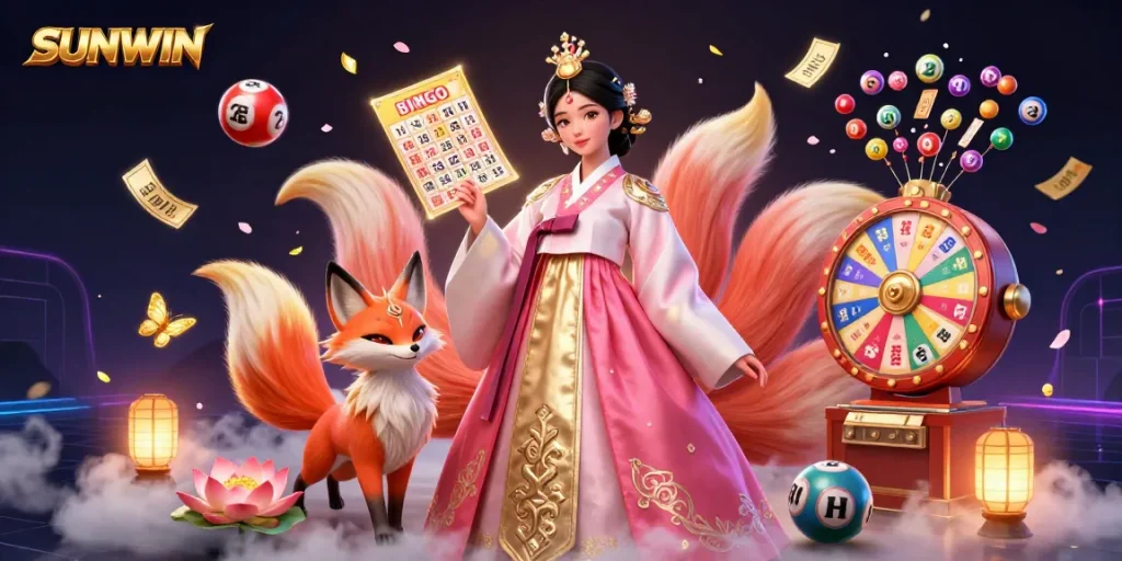 Engage in thrilling gaming with SUNWIN, featuring a beautiful Asian woman and a lucky fox amid colorful casino elements.