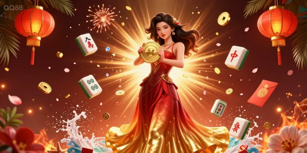 Engage with QQ88's captivating casino experience featuring a stunning Asian beauty holding a golden coin amidst a dynamic backdrop.