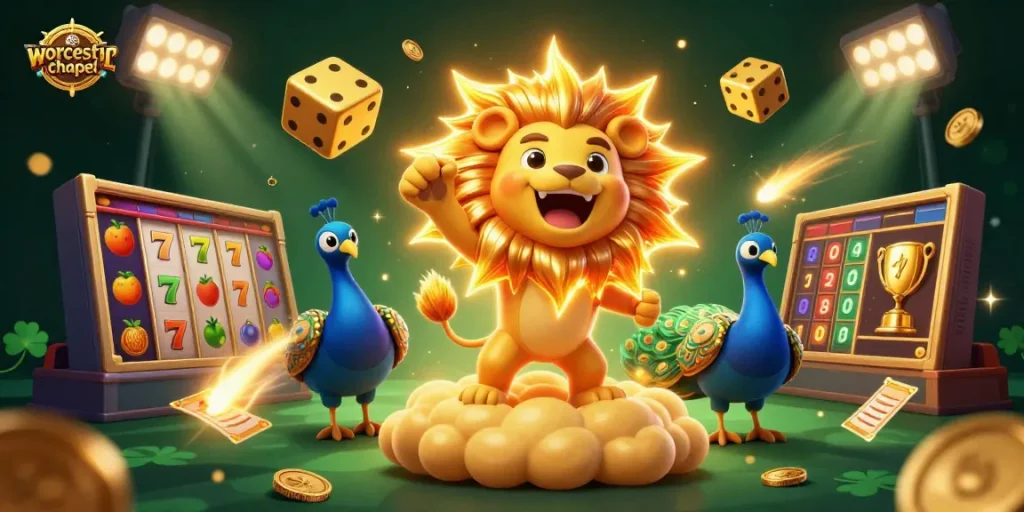 Players explore slots with worcesterchapel in a vibrant, dynamic casino illustration emphasizing excitement.