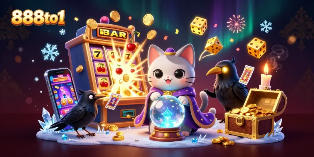 Experience the thrill of 888to1 with a vibrant jackpot scene featuring mystical characters and gaming elements.