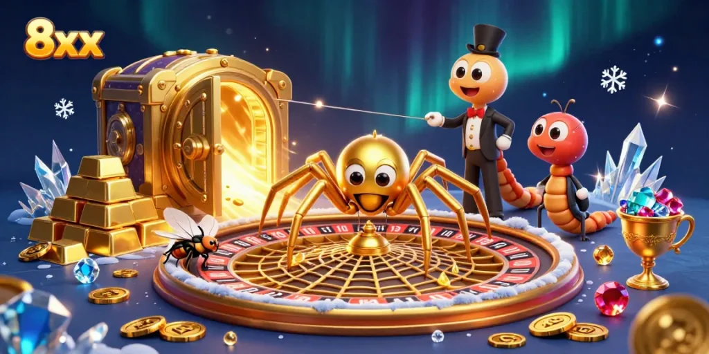 Place bets confidently at 8xx casino, a lively scene with golden spider and croupier.