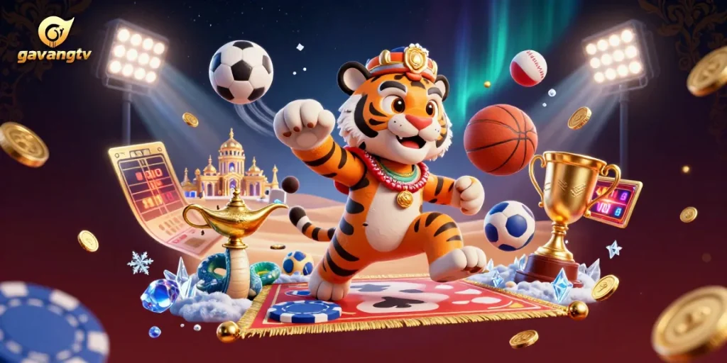 Experience thrilling sports betting with gavangtv's vibrant 3D tiger sultan, winning trophies, and live action!
