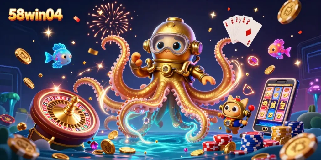 Experience substantial wins at 58win04 with vibrant 3D casino illustration showcasing dynamic gaming elements.