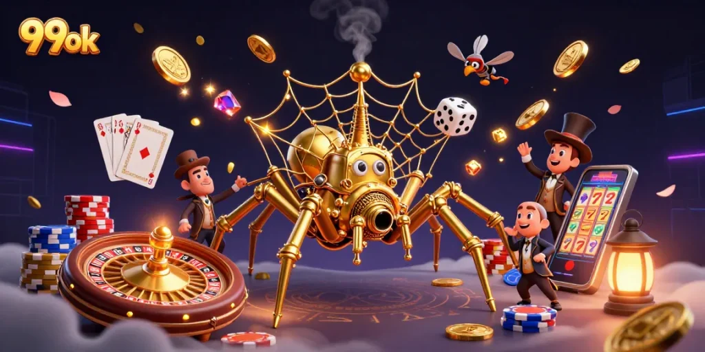 Engage with 99ok's captivating online casino experience as a steampunk spider captures dice.