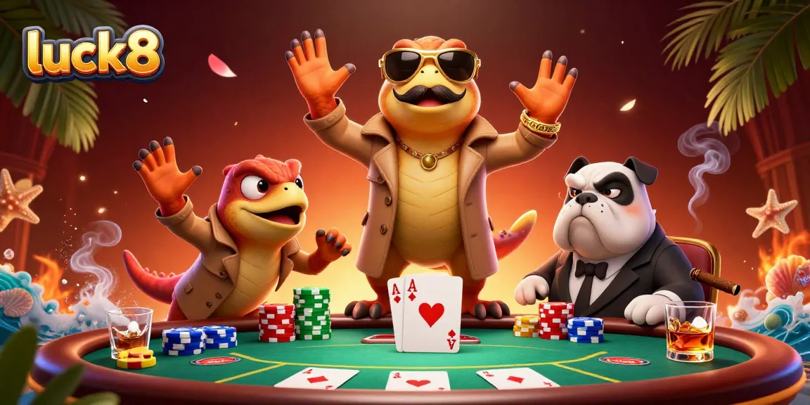 Experience thrilling gaming at luck8 with cartoon raptors in a trench coat at a vibrant casino.