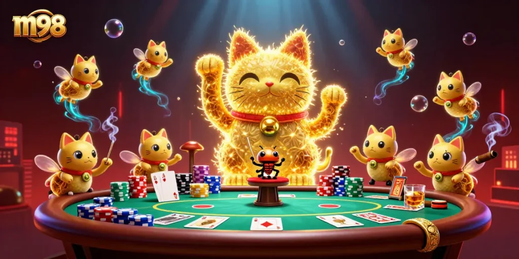 Win big with m98's vibrant lucky cat and poker scene illustration filled with casino elements.