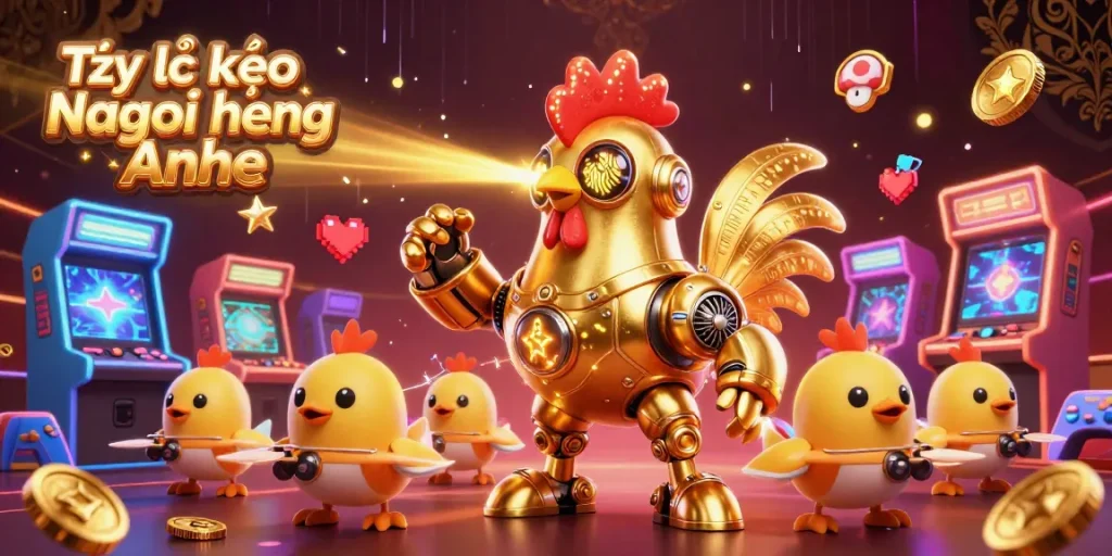 Experience Tỷ lệ kèo Ngoại hạng Anh with vibrant casino action, golden rooster robot, and baby chick drones.