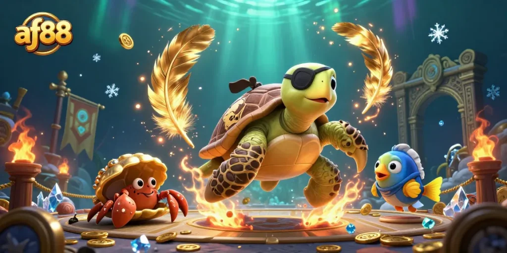 Engage with thrilling gameplay at af88, featuring a pirate turtle and treasures in a vibrant underwater scene.